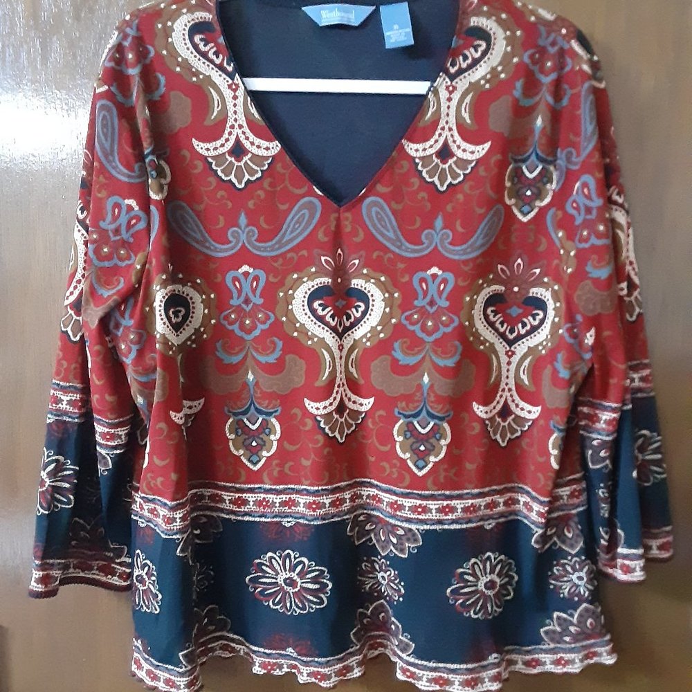 WESTBOUND RED, BLUE, GREY, BROWN, & BEIGE 3/4 SLEEVE SLIP-OVER BLOUSE, SIZE XL